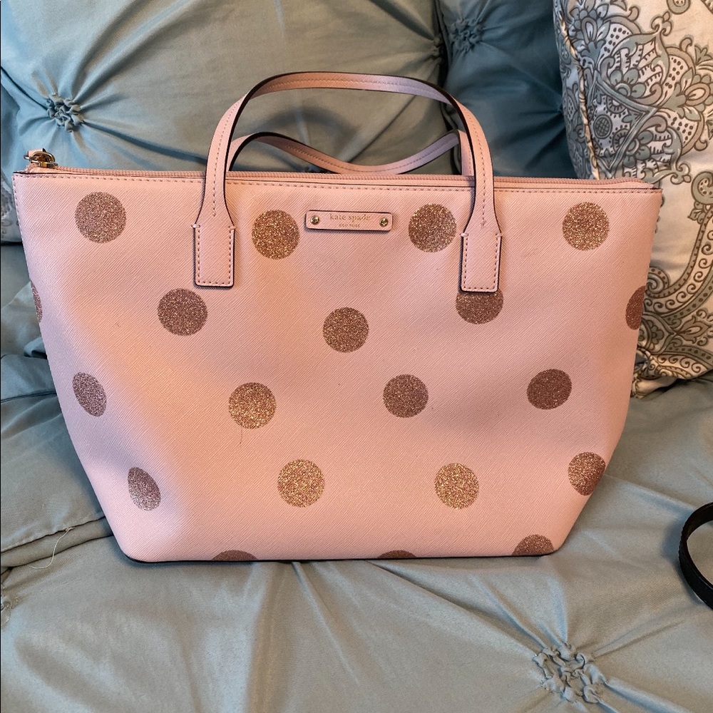 Late Spade pink polka dot tote